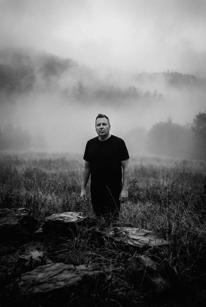 Grish standing in a misty meadow